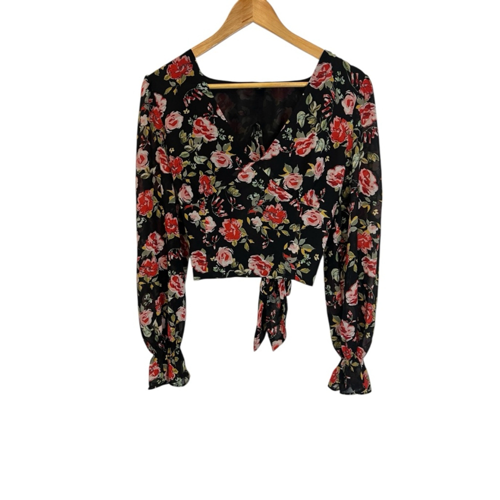 Women's Dynamite Black & Red Floral Long Sleeve Blouse Size L - Picture 2 of 10
